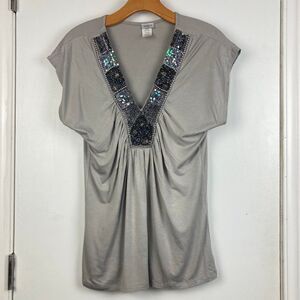 Y2K Sequined Beaded Embellishment Short Sleeve V-neck Going Out Top Draped‎ sz M